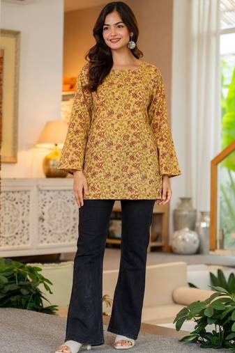 Womens yellow self design cotton fabric kurtis 3/4 sleeves sqaure neck