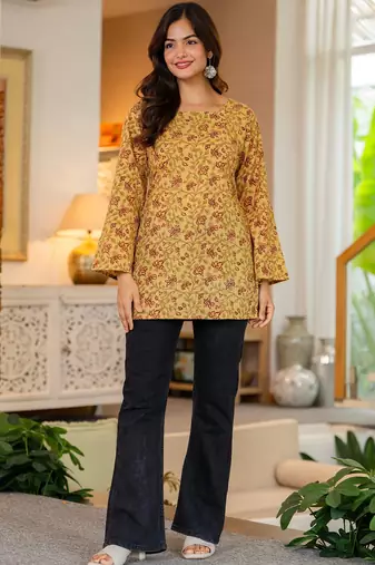 Womens yellow self design cotton fabric kurtis 3/4 sleeves sqaure neck