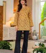 Womens yellow self design cotton fabric kurtis 3/4 sleeves sqaure neck