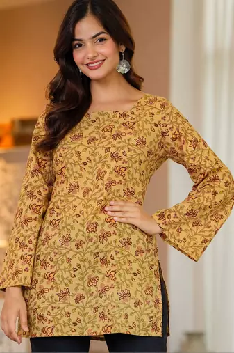 Womens yellow self design cotton fabric kurtis 3/4 sleeves sqaure neck