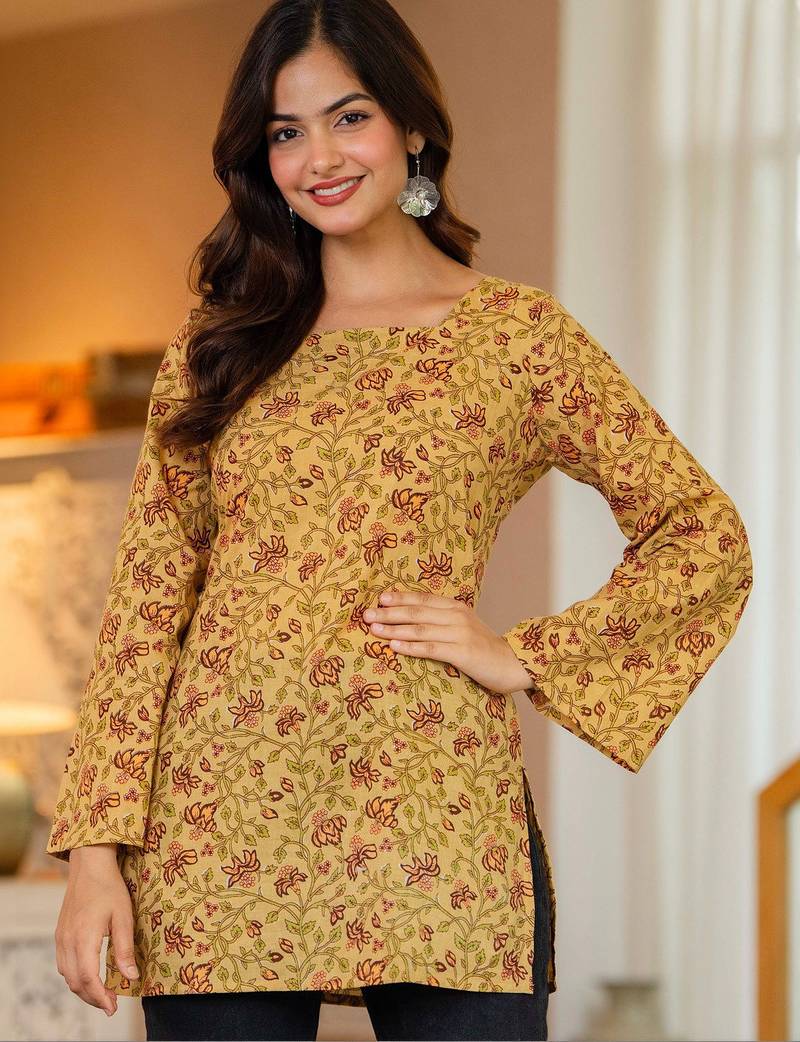 Womens yellow self design cotton fabric kurtis 3/4 sleeves sqaure neck