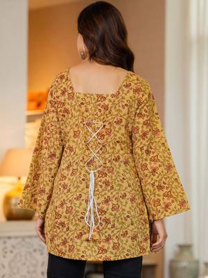 Womens yellow self design cotton fabric kurtis 3/4 sleeves sqaure neck 3