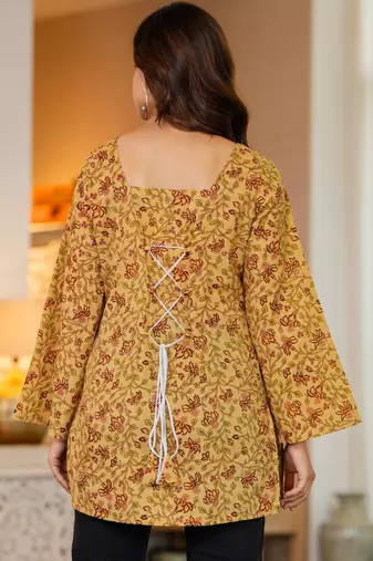 Womens yellow self design cotton fabric kurtis 3/4 sleeves sqaure neck