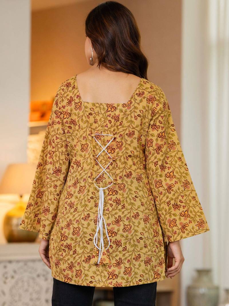 Womens yellow self design cotton fabric kurtis 3/4 sleeves sqaure neck