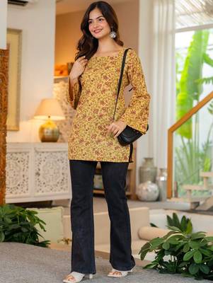 Womens yellow self design cotton fabric kurtis 3/4 sleeves sqaure neck 4