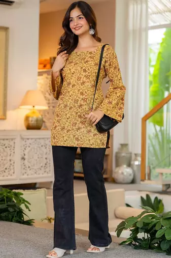 Womens yellow self design cotton fabric kurtis 3/4 sleeves sqaure neck