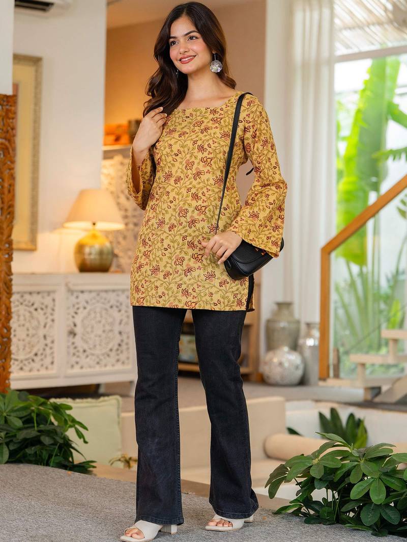 Womens yellow self design cotton fabric kurtis 3/4 sleeves sqaure neck