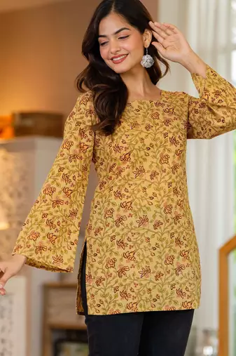 Womens yellow self design cotton fabric kurtis 3/4 sleeves sqaure neck