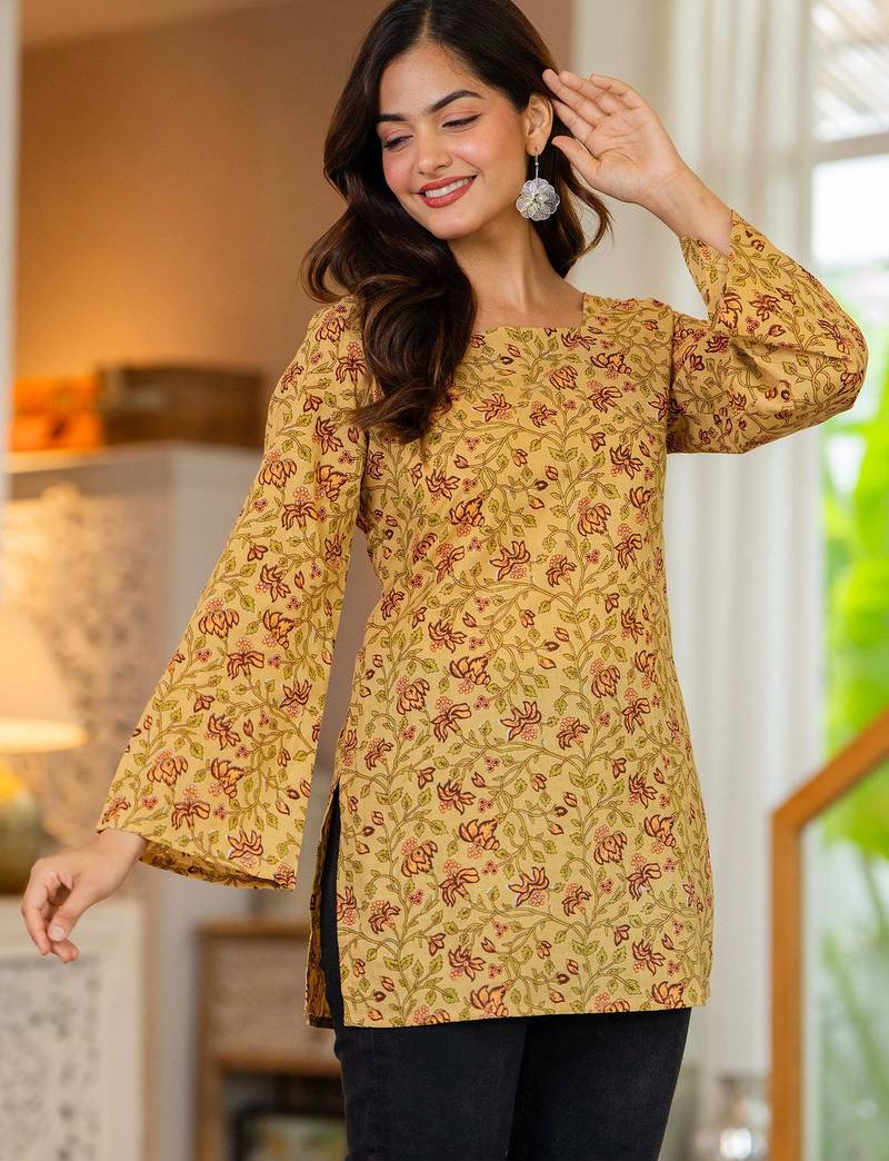 Womens yellow self design cotton fabric kurtis 3/4 sleeves sqaure neck
