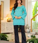 Womens turquoise blue self design cotton fabric kurtis 3/4 sleeves sqaure neck