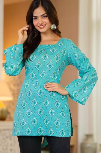 Womens turquoise blue self design cotton fabric kurtis 3/4 sleeves sqaure neck