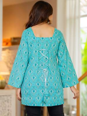 Womens turquoise blue self design cotton fabric kurtis 3/4 sleeves sqaure neck 3