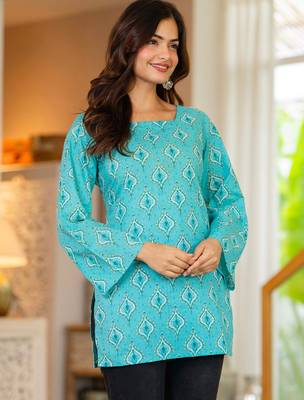 Womens turquoise blue self design cotton fabric kurtis 3/4 sleeves sqaure neck 5
