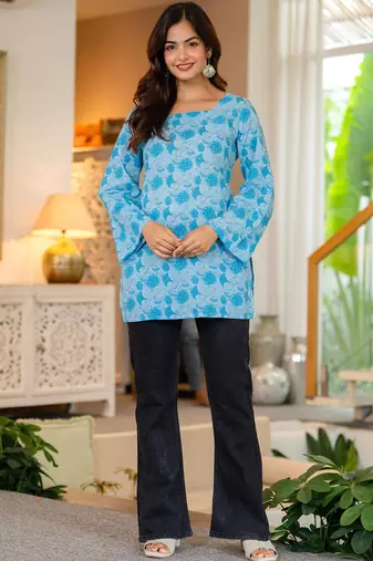 Womens blue self design cotton fabric kurtis 3/4 sleeves sqaure neck