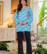 Womens blue self design cotton fabric kurtis 3/4 sleeves sqaure neck
