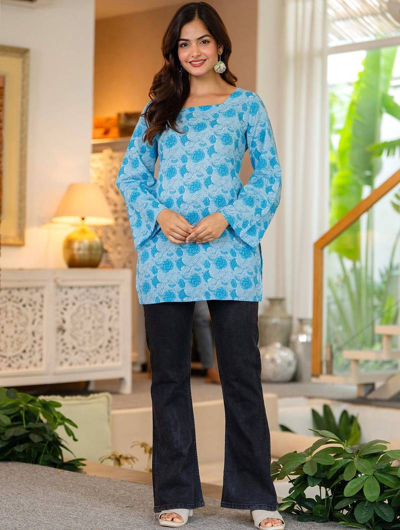 Womens blue self design cotton fabric kurtis 3/4 sleeves sqaure neck