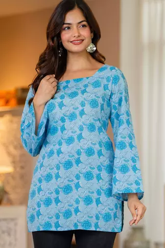 Womens blue self design cotton fabric kurtis 3/4 sleeves sqaure neck