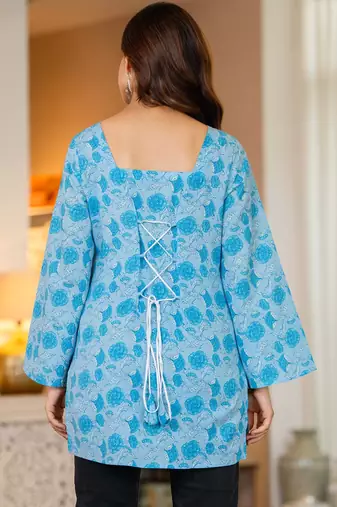 Womens blue self design cotton fabric kurtis 3/4 sleeves sqaure neck