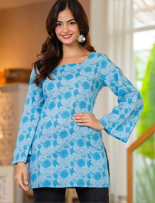 Womens blue self design cotton fabric kurtis 3/4 sleeves sqaure neck 5