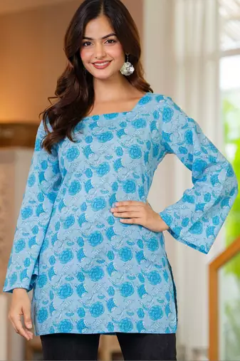Womens blue self design cotton fabric kurtis 3/4 sleeves sqaure neck