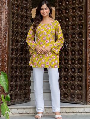 Womens yellow self design cotton fabric kurtis 3/4 sleeves sqaure neck 1