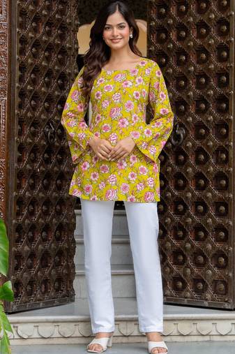 Womens yellow self design cotton fabric kurtis 3/4 sleeves sqaure neck