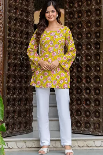 Womens yellow self design cotton fabric kurtis 3/4 sleeves sqaure neck