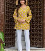 Womens yellow self design cotton fabric kurtis 3/4 sleeves sqaure neck