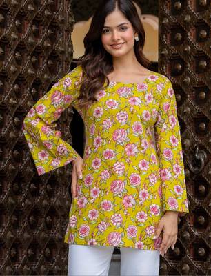 Womens yellow self design cotton fabric kurtis 3/4 sleeves sqaure neck 2