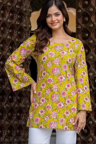 Womens yellow self design cotton fabric kurtis 3/4 sleeves sqaure neck