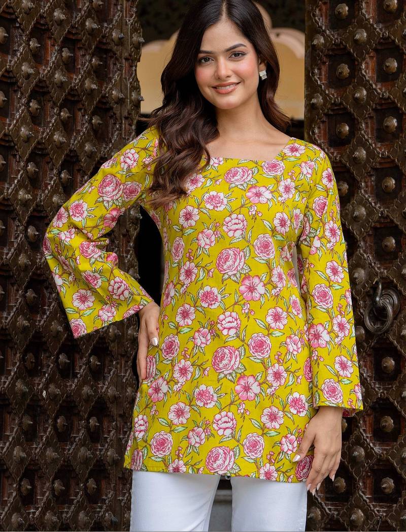 Womens yellow self design cotton fabric kurtis 3/4 sleeves sqaure neck