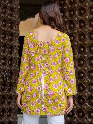 Womens yellow self design cotton fabric kurtis 3/4 sleeves sqaure neck 3