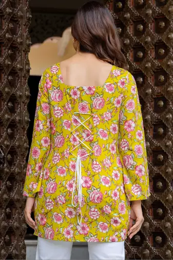 Womens yellow self design cotton fabric kurtis 3/4 sleeves sqaure neck