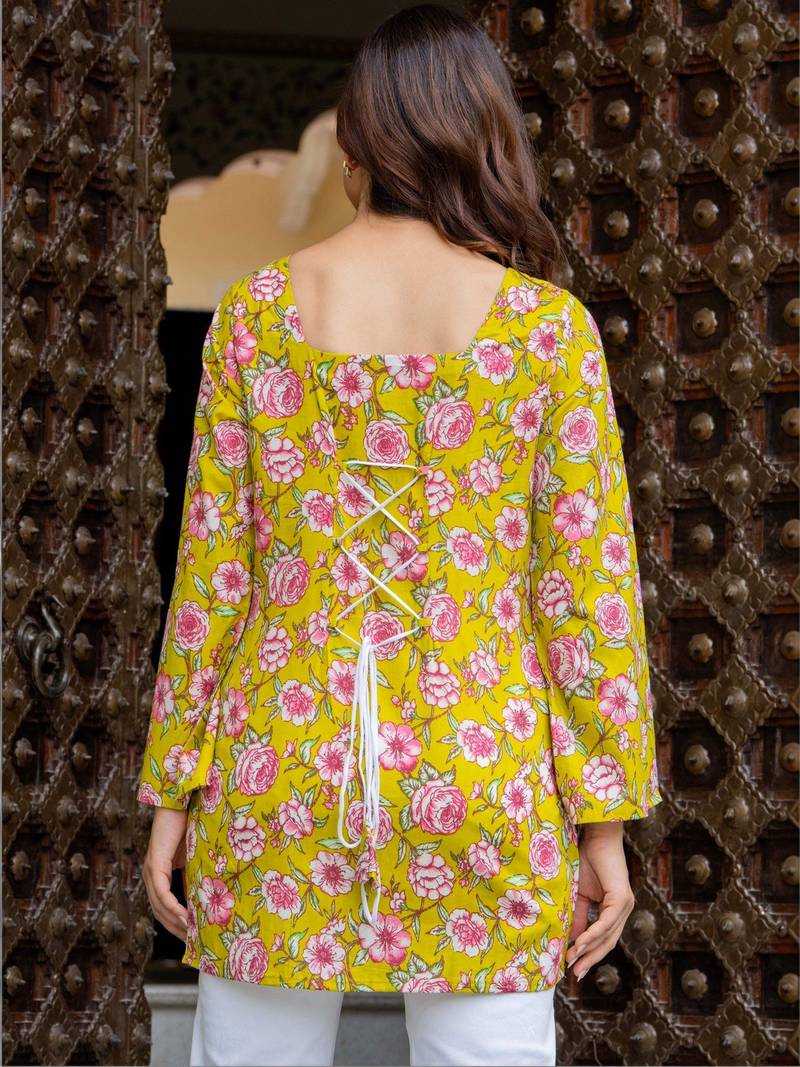 Womens yellow self design cotton fabric kurtis 3/4 sleeves sqaure neck