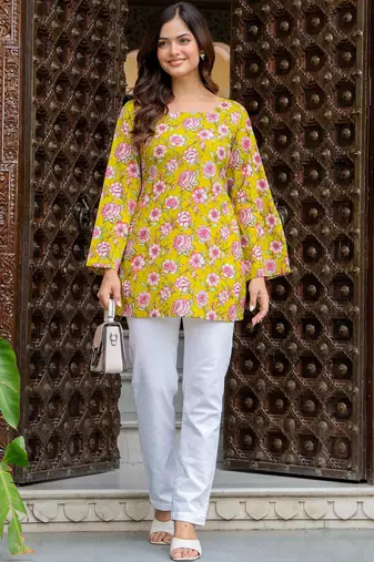 Womens yellow self design cotton fabric kurtis 3/4 sleeves sqaure neck