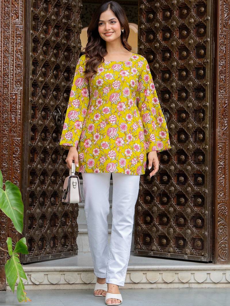 Womens yellow self design cotton fabric kurtis 3/4 sleeves sqaure neck
