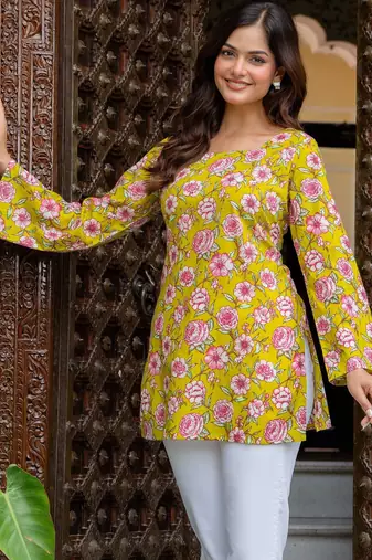 Womens yellow self design cotton fabric kurtis 3/4 sleeves sqaure neck