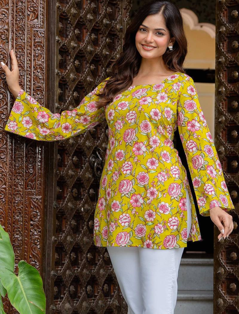 Womens yellow self design cotton fabric kurtis 3/4 sleeves sqaure neck