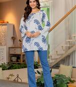 Womens white self design cotton fabric kurtis 3/4 sleeves sqaure neck