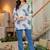 Womens white self design cotton fabric kurtis 3/4 sleeves sqaure neck
