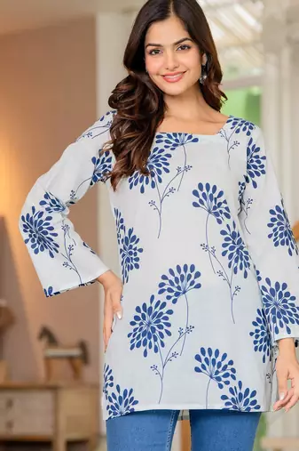 Womens white self design cotton fabric kurtis 3/4 sleeves sqaure neck