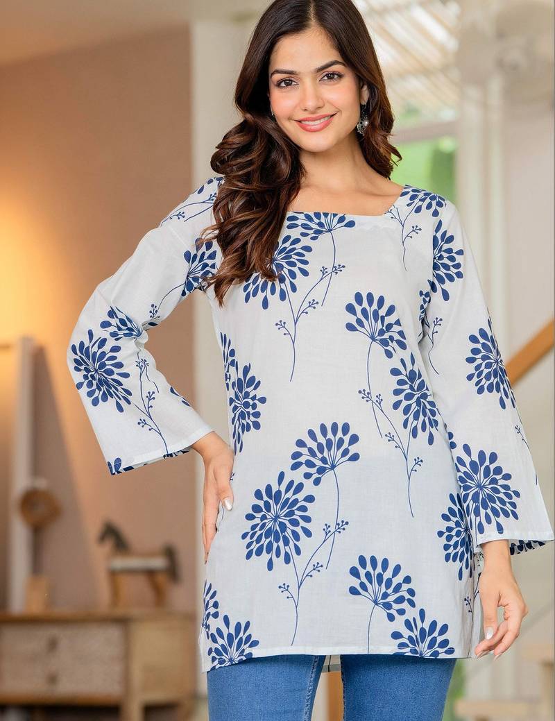 Womens white self design cotton fabric kurtis 3/4 sleeves sqaure neck