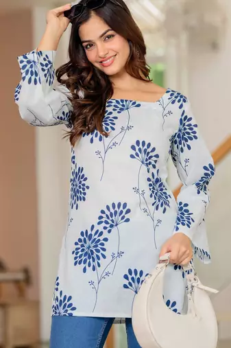 Womens white self design cotton fabric kurtis 3/4 sleeves sqaure neck