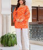 Womens orange self design cotton fabric kurtis 3/4 sleeves sqaure neck