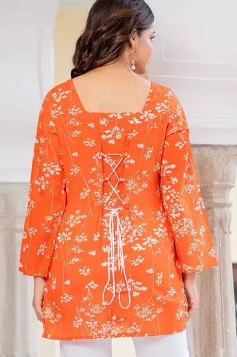 Womens orange self design cotton fabric kurtis 3/4 sleeves sqaure neck