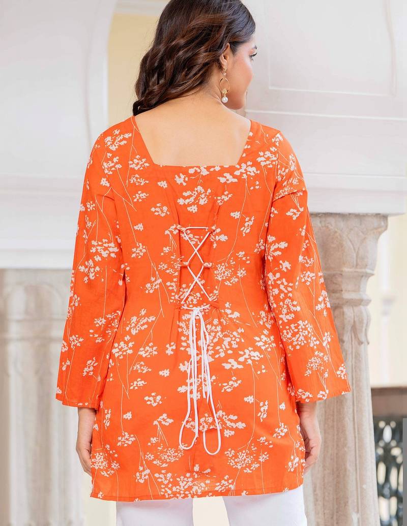 Womens orange self design cotton fabric kurtis 3/4 sleeves sqaure neck