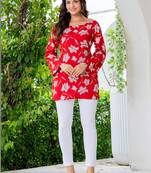 Womens red self design cotton fabric kurtis 3/4 sleeves sqaure neck