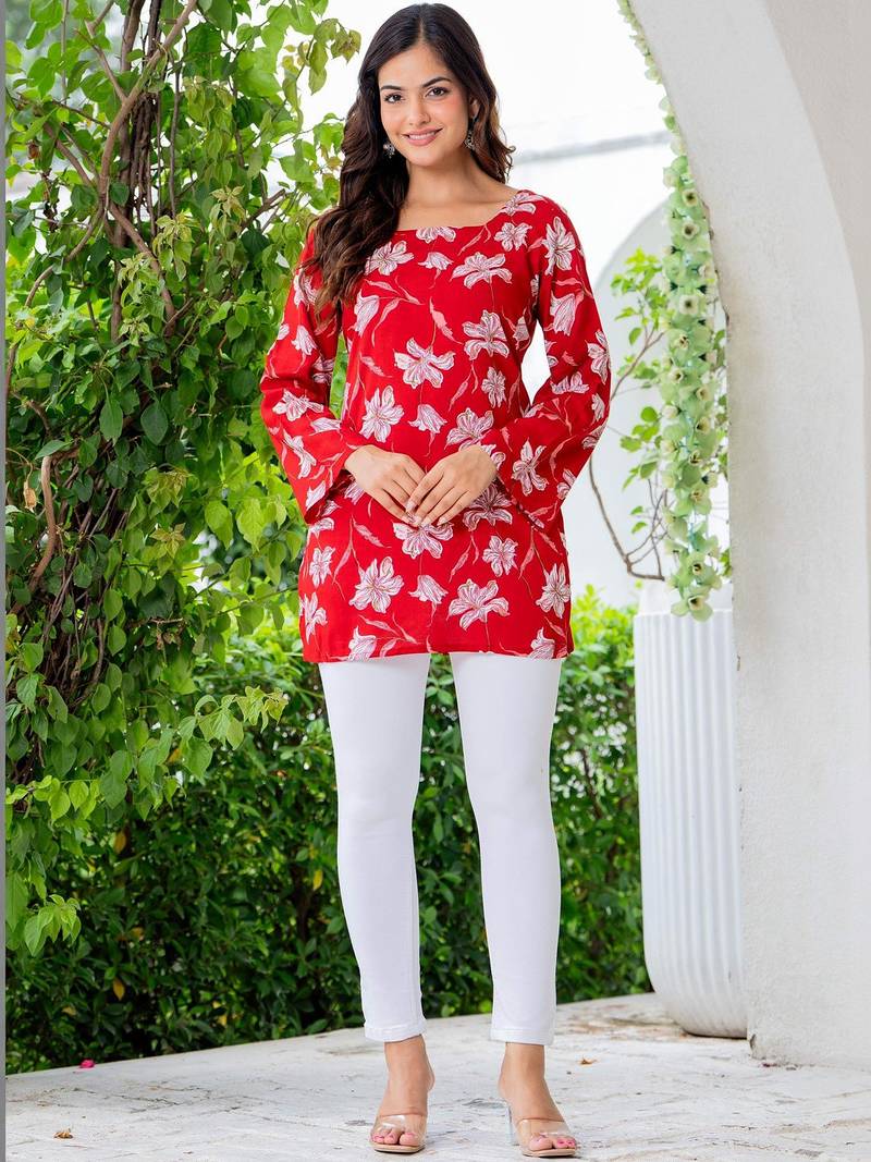 Womens red self design cotton fabric kurtis 3/4 sleeves sqaure neck