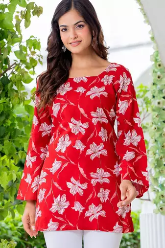 Womens red self design cotton fabric kurtis 3/4 sleeves sqaure neck