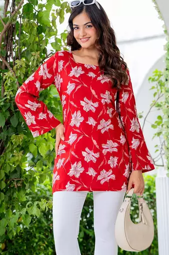 Womens red self design cotton fabric kurtis 3/4 sleeves sqaure neck